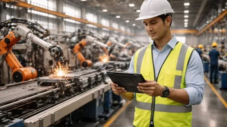 Operator memantau proses produksi dan indikator mesin